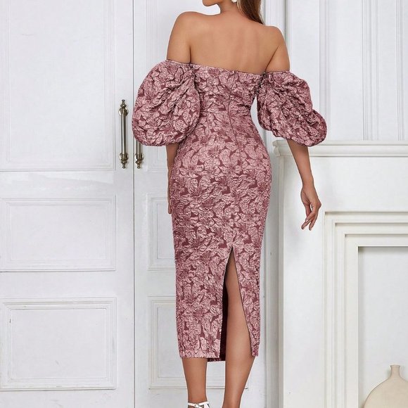 Dusty Pink Preppy Womens Off Shoulder Puff Sleeve Split Back Floral Jacqu… - Picture 2 of 5